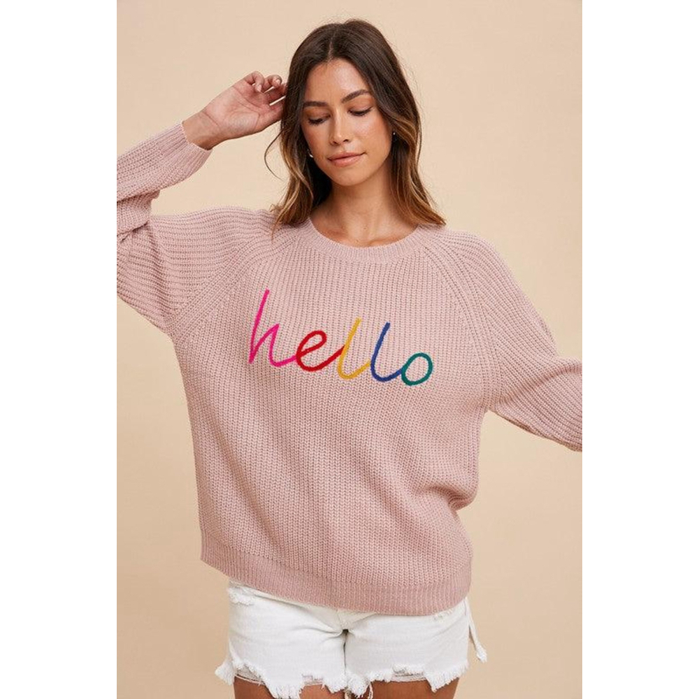 AnnieWear Pink Knit Sweater “Hello” Graphic Pullover Rainbow Letters - Picture 4 of 10
